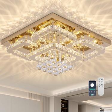 Imagem de KINGTORO Lustre De Cristal Dourado Com Controle Remoto Quadrado, Luminária Teto Embutida 24", Temporizador Regulável, Led Moderno Em 3 Cores, Estilo Gota Chuva, Para Sala Jantar, Quarto, Estar E Coz