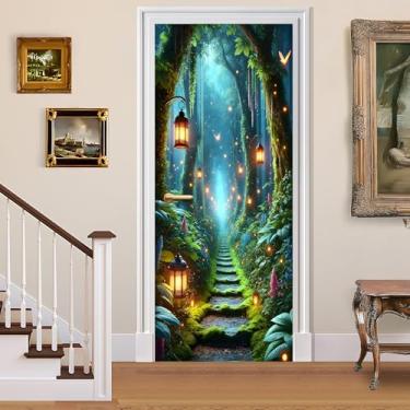Imagem de BVBOX Adesivos de porta 3D, papel de parede de vinil descascar e colar, mural autoadesivo para decoração de casa 77 cm L x 199 cm A (caminho da floresta, 77 cm L x 199 cm A)