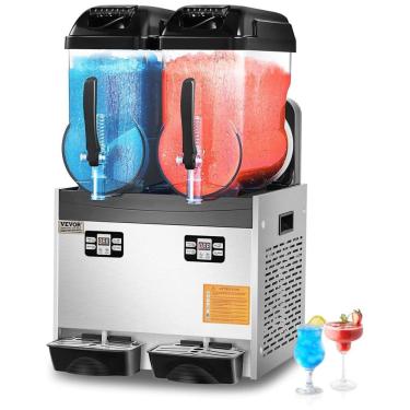 Imagem de Máquina de Raspadinha Comercial VEVOR com 2 tanques de 12L, ideal para margaritas e smoothies. Produz até 96 copos, perfeita para festas.