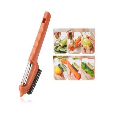 Imagem de OLEKURT Descascador de legumes com escova, cabo confortável 2 em 1 com lâminas afiadas de aço inoxidável - Descascador multifuncional de cozinha para vegetais, frutas, batata, cenoura, maçã - laranja