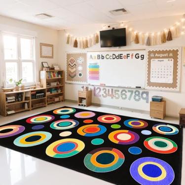 Imagem de AQQA Tapete de sala de aula, tapetes laváveis com estampa de círculo colorido de 1,8 x 2,7 m, antiderrapante e fino, tapete grande para decoração de quarto de crianças, sala de aula infantil, tapete