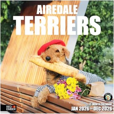Imagem de RED EMBER Calendário de parede Airedale Terriers 2026 12 meses | 30,5 cm x 61 cm aberto | Papel grosso e resistente | Presente | Calendário 2026