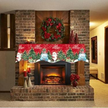Imagem de Cachecol festivo de lareira de Natal - design de Papai Noel e rena com detalhes de azevinho, 100% poliéster, 49,8 cm x 199,9 cm - Ideal para decoração de casa, sala de estar, porta e janela. 1 peça