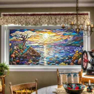 Imagem de HOMETITUTE Sereia Oceano Pôr do Sol Película para Janela 99,3 x 17,7 polegadas Estilo Vitral Capa Decorativa Aderência Estática Privacidade para Sala de Estar Quarto Banheiro Escritório