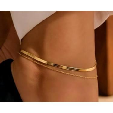 Imagem de Tornozeleiras douradas femininas cubanas espinha de peixe conjunto de tornozeleiras em camadas hipoalergênicas à prova d'água corrente de tornozelo verão praia férias festa ornamento de pé presente de