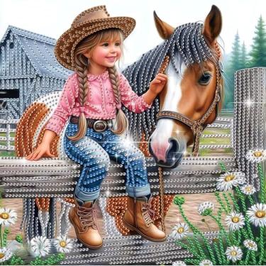 Imagem de Kits de pintura de diamante de cavalo e criança para adultos, kits de arte de diamante de formato especial 5D para iniciantes, pintura de strass de cristal para decoração de parede de casa, 30 x 30 cm