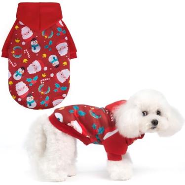 Imagem de EXPAWLORER Moletom com capuz de cachorro de Natal, suéter macio para cães, moletom de lã de inverno e outono com estampa, roupas para animais de estimação para filhotes, gatos, cães pequenos, médios e