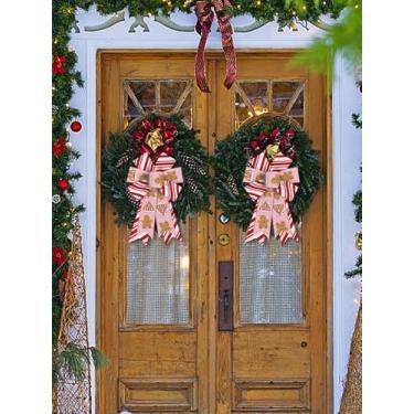 Imagem de 2 peças de laços de guirlanda de Natal, laços de pão de pinger rosa para guirlanda, laços de neve de Natal para porta da frente, laços de árvore com listras vermelhas brancas e rosa para decoração de