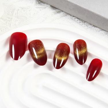 Imagem de Conjunto de 24 peças de unhas de pressão - unhas gradientes de glitter dourado vermelho escuro, formato amêndoa curta, sem cola - livre e reutilizável para todas as ocasiões, kit de unhas de gel macio