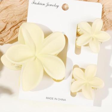 Imagem de 3 peças de grampos de garra de flor, grampos de cabelo havaianos Plumeria para mulheres e meninas, antiderrapante forte para cabelos grossos / finos/lisos / encaracolados (bege)