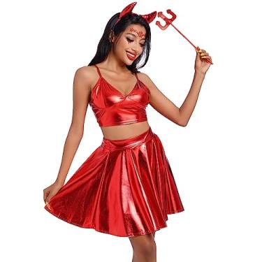 Imagem de Sexy Halloween Costumes For Women Devil Costume For Women Horns And Tail Devil Sticks For Adults Halloween Costumes Women Dress Up Holographic Reflective Metallic Crop Top Skirt Devil Red Sets XL