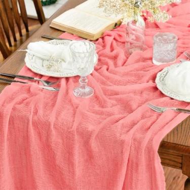 Imagem de Caminho de mesa de casamento de gaze de gaze boho coral, tecido sazonal de verão, cozinha, sala de jantar, decoração de mesa de férias para festa em casa, interior, 89 x 300 cm