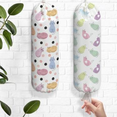 Imagem de 2 peças de porta-sacolas plásticas coloridas e fofas para sacolas de supermercado, suporte de parede reutilizável, organizador para armário de cozinha, despensa, presentes para amantes de gatos para