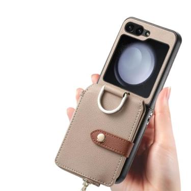 Imagem de Para samsung flip 5 cartão bolso caso de telefone para samsung galaxy z flip5 flip 5 5g capa protetora de couro, cáqui, para samsung z flip 5