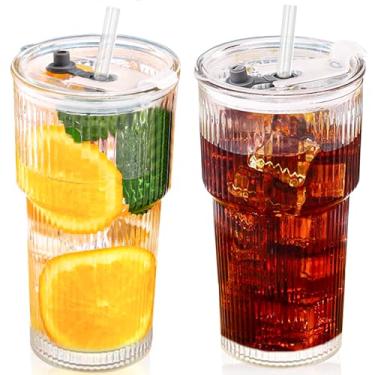 Imagem de MdakeGo Copos de vidro de 590 ml com tampa e canudo, copo de café gelado de vidro canelado com tampa, copo de vidro vintage espesso de boca larga, copo de copos para smoothieds, coquetéis e sucos