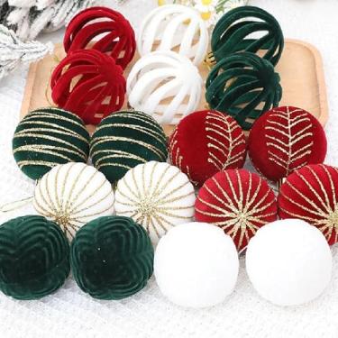 Imagem de Conjunto de 6 peças elegantes de decoração de árvore de Natal flocada em vermelho, verde e branco - Bolas coloridas pintadas de plástico de 6 cm, com textura de veludo e ganchos resistentes, feriados