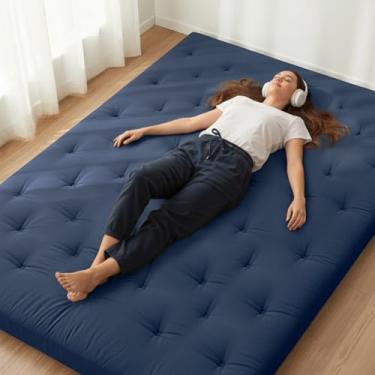 Imagem de ZonLi Colchão futon japonês tamanho casal 190,5 cm x 137,2 cm, capa 100% algodão, colchão de tatami espesso, almofada de dormir dobrável, tapete de tatami portátil, cama de enrolar para adultos