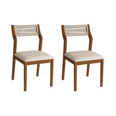 Imagem de Conjunto 2 Cadeiras De Jantar Lagum Conforto Estofada Jequitibá Terra Linho Bege E Corda Náutica