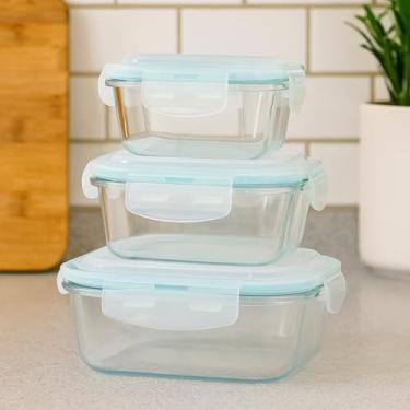 Imagem de Potes de Vidro Herméticos com Tampa Azul 320ml 520ml 800ml | para Marmitas, Papinhas e Armazenamento de Alimentos | Vidro Temperado, Vedação Antivazamento | Kit 3 Peças