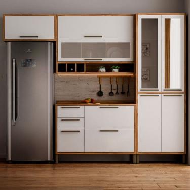 Imagem de Armário de Cozinha com Balcão e Tampo 9 Portas 3 Gavetas Pérola 100% Mdf Vidro Reflecta Amêndoa/Branco - Pnr Móveis