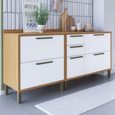 Imagem de Armário de Cozinha Modulada com Balcão e Tampo 3 Portas 4 Gavetas ágata 100% Mdf Vidro Reflecta Amêndoa/Branco - Pnr Móveis