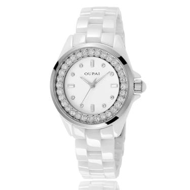Imagem de OUPAI Relógios femininos de cerâmica branca, relógio feminino moderno, elegante, relógio de pulso feminino com diamante à prova d'água de quartzo