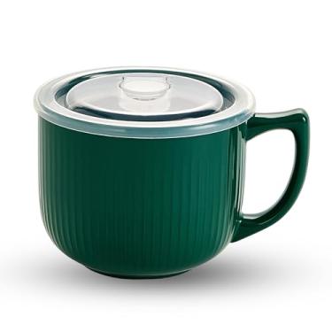 Imagem de Hoilse Tigela de sopa de cerâmica com alça de 940 ml – Tigela de ramen de micro-ondas com tampa, canecas de sopa e copos para cereais, aveia, ramen, macarrão instantâneo, recipiente de sopa com tampa