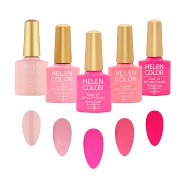Imagem de HELEN COLOR Kit 5 Esmaltes em Gel UV/LED Soak Off Brilhoso 10ml Cada Fórmula Profissional para Manicure Alta Durabilidade Secagem em Cabine (Rosa)