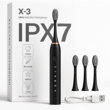 Imagem de Escova de Dente Elétrica Recarregável USB Escova Dental Ultrassônica IPX7 6 Modos de Escovação Escova de Dentes Elétrica Portátil Com 3 Cabeças Substituíveis À Prova D’água (Preto)