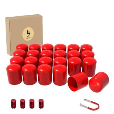 Imagem de LILJUECE Tampas de porca saliente - 24 peças 19 mm de ajuste flexível interno antiderrapante tampa de porca de roda com clipe de remoção e 4 tampas de haste de válvula de pneu (vermelha)