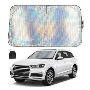 Imagem de DUSCOKE Para-brisa de carro, protetor solar iridescente dobrável para janela frontal de carro para bloquear raios UV e calor, capa universal de proteção de resfriamento interior de veículo para