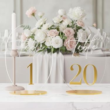 Imagem de Mesa de casamento número 1-20 com suporte, placa de acrílico arqueada dourada com suporte para recepção de casamento, centro de mesa, aniversário