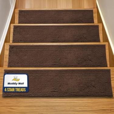 Imagem de Muddy Mat Pacote com 4 - Degraus de escada de chenille macios antiderrapantes reutilizáveis, super absorventes para degraus de madeira, piso de azulejo e mármore, fácil de instalar e lavável na