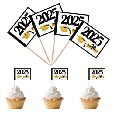 Imagem de TMHTMH 100 peças 2025 tema formatura cupcake palito bandeiras, mini 2025 graduação boné diploma cupcake festa decorações suprimentos, decoração de cupcake coquetel fruta (preto)
