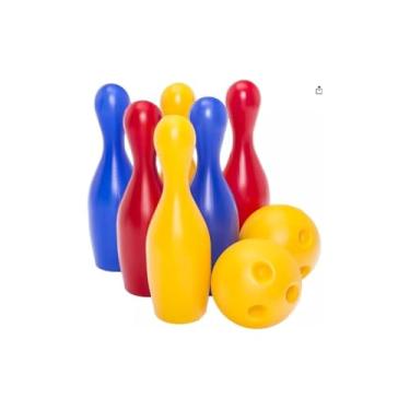 Imagem de Jogo de Boliche Infantil, 8 Peças, 6 Pinos e 2 Bolas, Plástico Polipropileno, Colorido, Pinos 28cm, Bolas 10cm, para Crianças Acima de 3 Anos, Uso Interno e Externo
