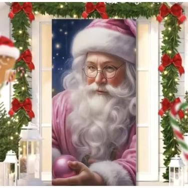 Imagem de Capa para Porta Feliz Natal Rosa com Elástico – Painel Decorativo Feliz Papai Noel Tecido Premiun (2,10 Cms X 0,85 Cms) (8)