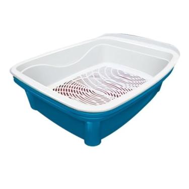 Imagem de Caixa de Areia Higiênica para Gatos, Sistema de Peneira Dupla, Azul, Polipropileno, Bandejas e Peneira, 48 x 37,5 x 16 cm