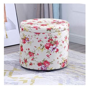 Imagem de Banqueta otomana redonda de linho banquinho de armazenamento funcional banco de pés banco de armazenamento cubo caixa de armazenamento assento estofado tampa removível (cor: padrão flor-B, tamanho