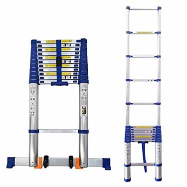 Imagem de OKUOKA Escadas, escada telescópica mais alta de 8 m/26 m, dobrável com ganchos rotativos e barra estabilizadora, escadas retráteis azuis poderosas para telhados e trabalho ao ar livre