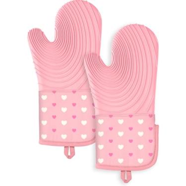 Imagem de Slohif Luvas de forno longas de silicone resistentes ao calor para mulheres - 2 peças de luvas de forno de coração 100% algodão, luvas de forno de silicone antiderrapantes e impermeáveis com gancho