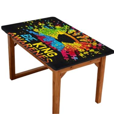 Imagem de hongjinglin Toalha de mesa retangular de 1,8 m com elástico e design de autismo, capa de mesa colorida, elástica, retangular, impermeável, lavável, protetor de mesa para piquenique, jantar, cozinha
