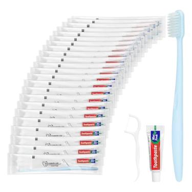 Imagem de Escovas de dentes descartáveis com pasta de dente, kit de escova de dentes para viagem, embalado individualmente, azul claro, com palhetas de fio dental, adequado para hotel, casa, acampamento