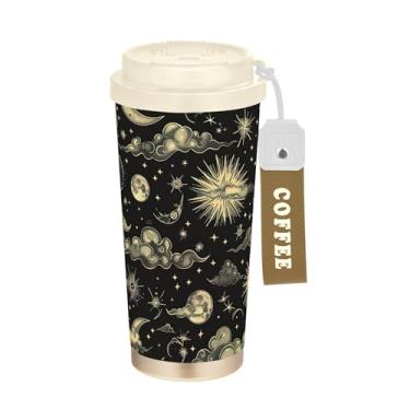 Imagem de SEHANY Caneca de viagem Sol e Lua 482 g Copos de café reutilizáveis revestidos de cerâmica com tampa à prova de vazamento, parede dupla, isolamento a vácuo, copo de café de aço inoxidável para bebidas