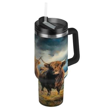 Imagem de SEHANY Copo Highland Cow de 850 g com tampa e canudo, aço inoxidável de vácuo duplo isolado garrafa de água esportiva suporte para copo de café de viagem à prova de vazamento para bebida gelada