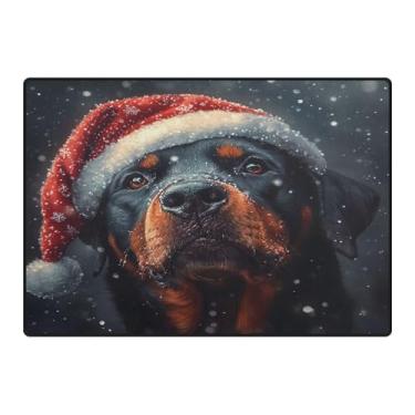 Imagem de Blueangle Tapetes de Natal laváveis de 12 x 17 cm para sala de estar - Tapete de área ultrafino macio antiderrapante resistente a manchas com rottweiler em um chapéu de Natal estampado decoração de
