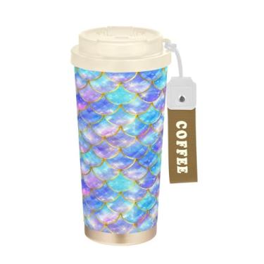 Imagem de Blueangle Caneca de café de viagem isolada com escamas de sereia coloridas - copo de aço inoxidável à prova de derramamento e vazamento para acampamento e ar livre, garrafa de água reutilizável de 505
