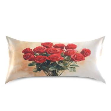 Imagem de ATTX Fronha de almofada rosa vermelha dos namorados com fecho de envelope para cabelo e pele, macia, respirável, suave, ambos os lados, capa de almofada de seda refrescante (King 50 cm × 101 cm, 1