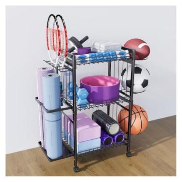 Imagem de SPXMQSS Rack de armazenamento de tapete de ioga, organizador de academia em casa, suporte de tapete de ioga, armazenamento de equipamentos de treino com rodas e ganchos para exercícios domésticos e