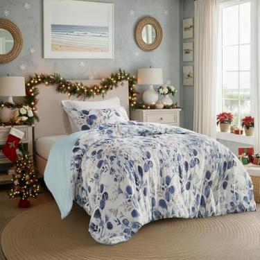 Imagem de Regency Heights Conjunto de edredom botânico leve, tamanho solteiro, design reversível com estampa listrada, conjunto de cama de microfibra premium, edredom e fronha, azul marinho/azul