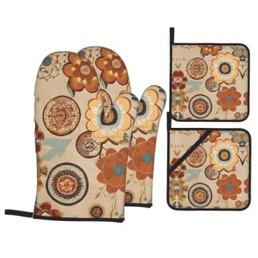 Imagem de Conjunto de luvas de cozinha com várias estampas Medallion com suportes de tampa, luvas de forno resistentes ao calor para manusear panelas quentes, grelhar, churrascos, kit de 4 peças.